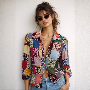 Vintage 70’s Hippie Patchwork Multi-Color Button-Up Shirt